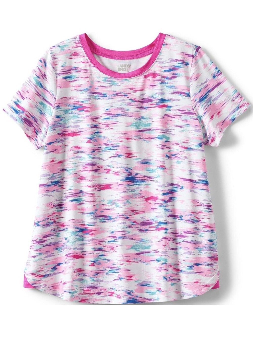 Lands' End Kids Short Sleeve Active Curved Hem Tee X-Large PlusPink Multi Ikat